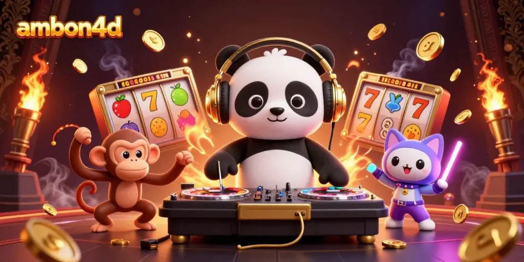 Experience the excitement of ambon4d's slots with a dynamic DJ panda and friends celebrating wins!