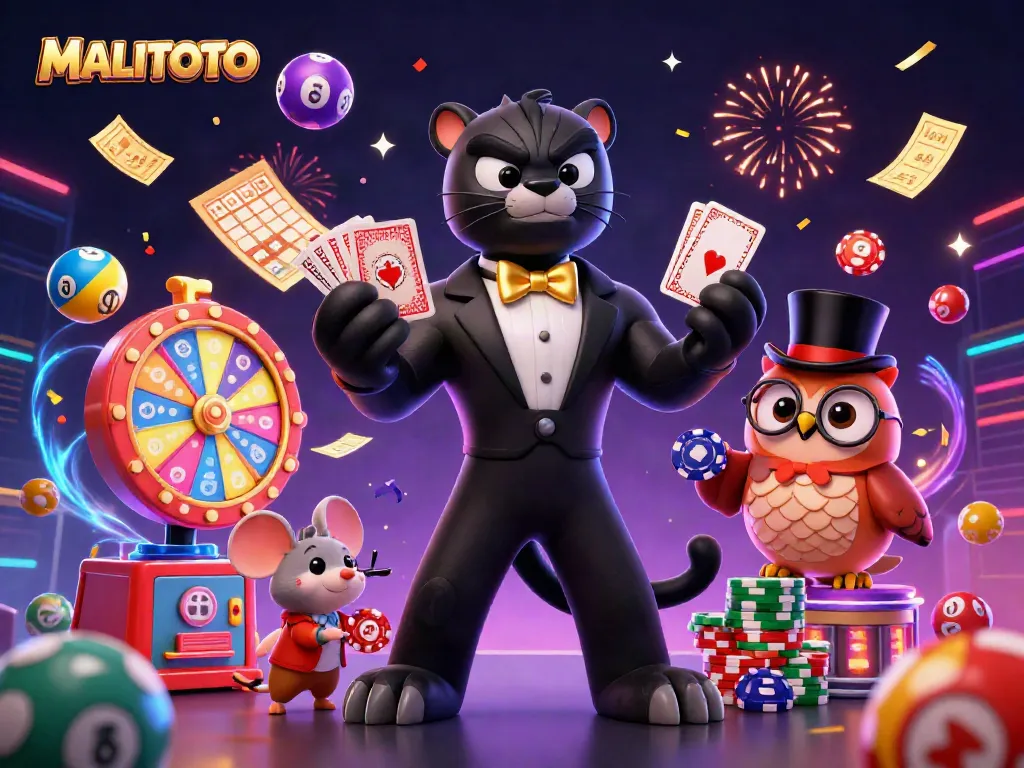 MALITOTO slots experience with a stylish panther and owl in a vibrant casino scene full of excitement.