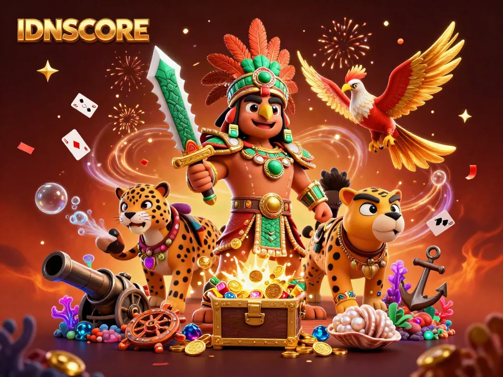 Engage with IDNSCORE's vibrant gambling scene featuring dynamic Aztec warriors and treasure.