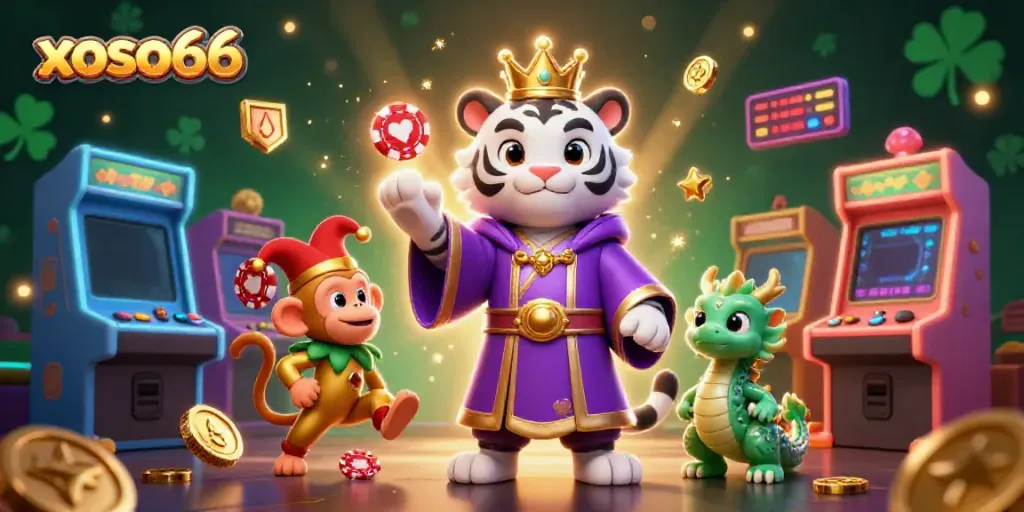 Engaging 3D scene showcasing xoso66 with a tiger and monkey amidst interactive gaming elements, perfect for casino enthusiasts.