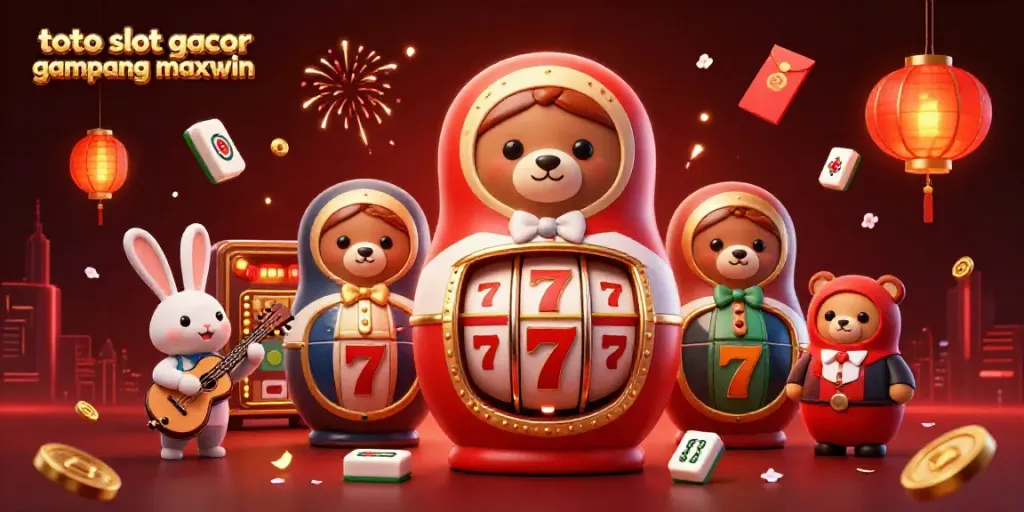 Merayakan kemenangan dengan toto slot gacor gampang maxwin di ilustrasi kasino yang hidup dan berwarna-warni.