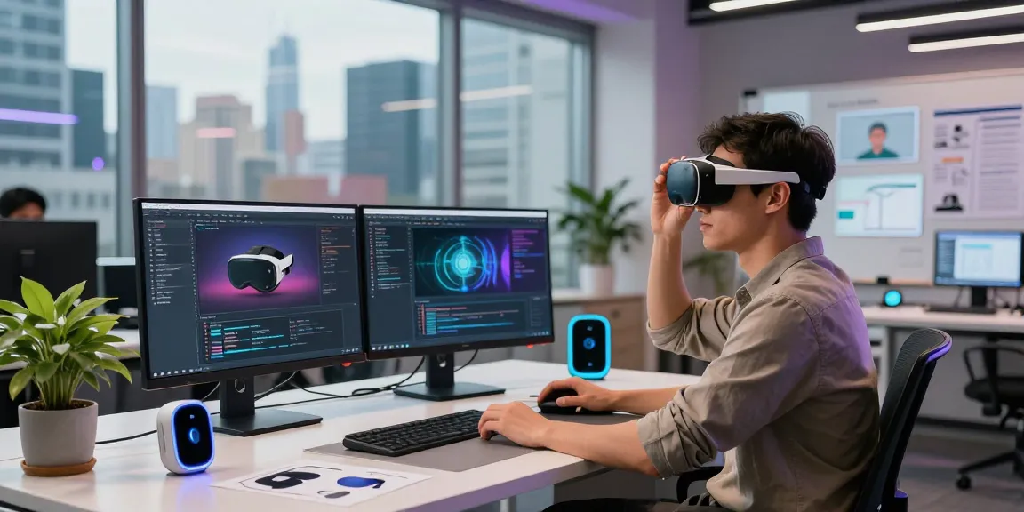 Developer using AR glasses in a modern tech workspace, testing augmented reality applications with dual monitors.