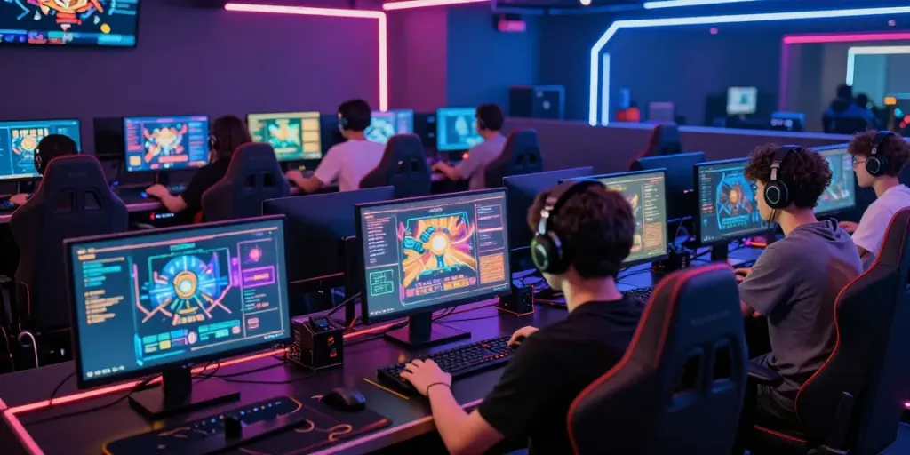 Pemain aktif terlibat dalam sniperslot di ruang permainan neon yang dinamis.