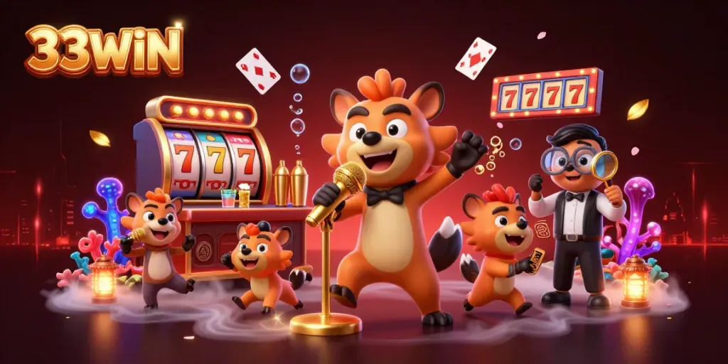 A lively scene from 33WIN showcasing hyenas in a casino with a stand-up comedian and bartender.