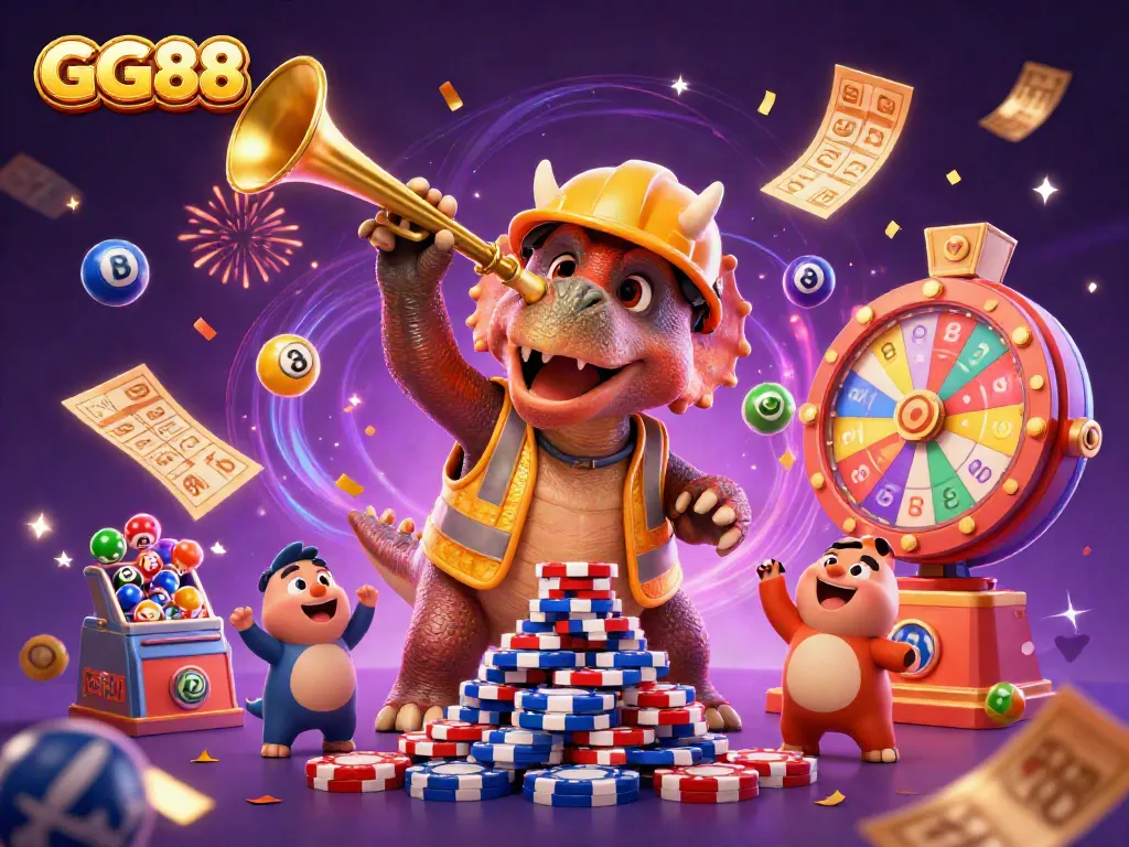 Cheerful scene of GG88 with a triceratops and lottery elements, capturing vibrant casino excitement.
