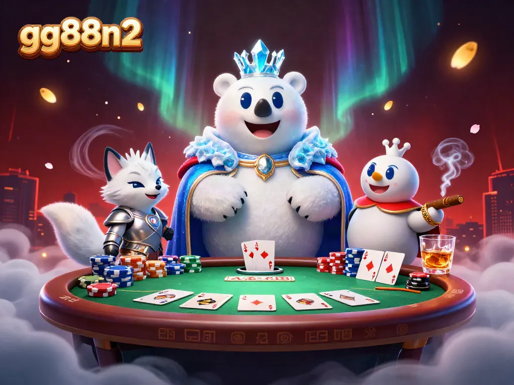 Engage in thrilling poker with gg88n2 at the vibrant 3D casino scene featuring a royal polar bear and fox.