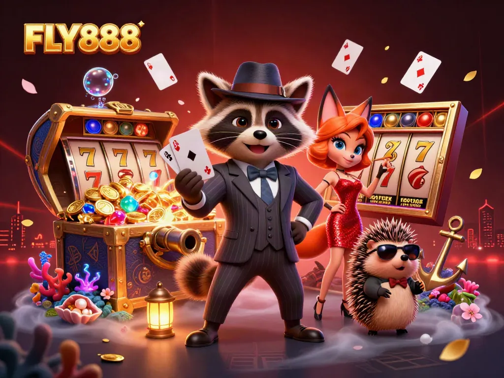 Engage in thrilling slots at FLY888 with a suave raccoon and vibrant casino elements.