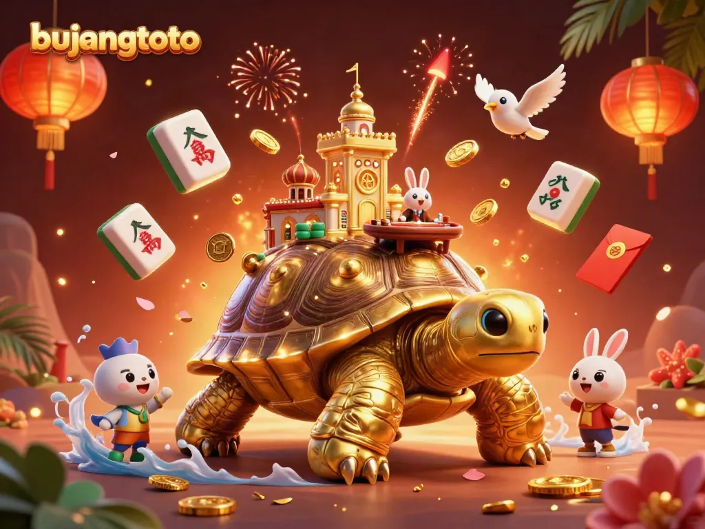 Experience the thrilling excitement of bujangtoto with a vibrant 3D casino scene showcasing a golden tortoise and a rabbit dealer.
