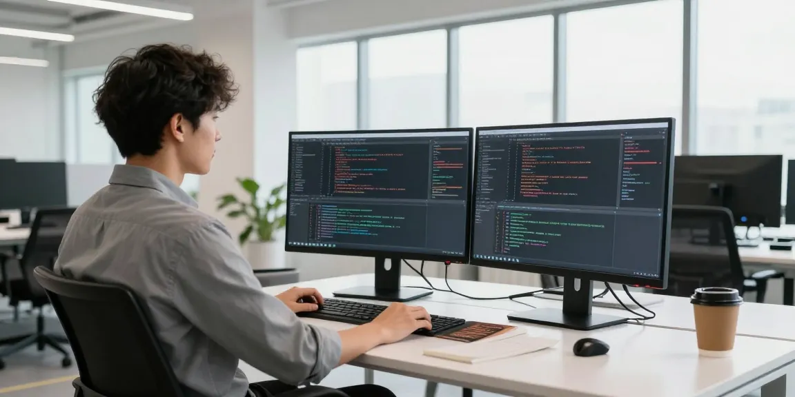 Ruang kerja teknologi dengan SGA33, pengembang perangkat lunak bekerja di depan dua monitor di kantor modern.