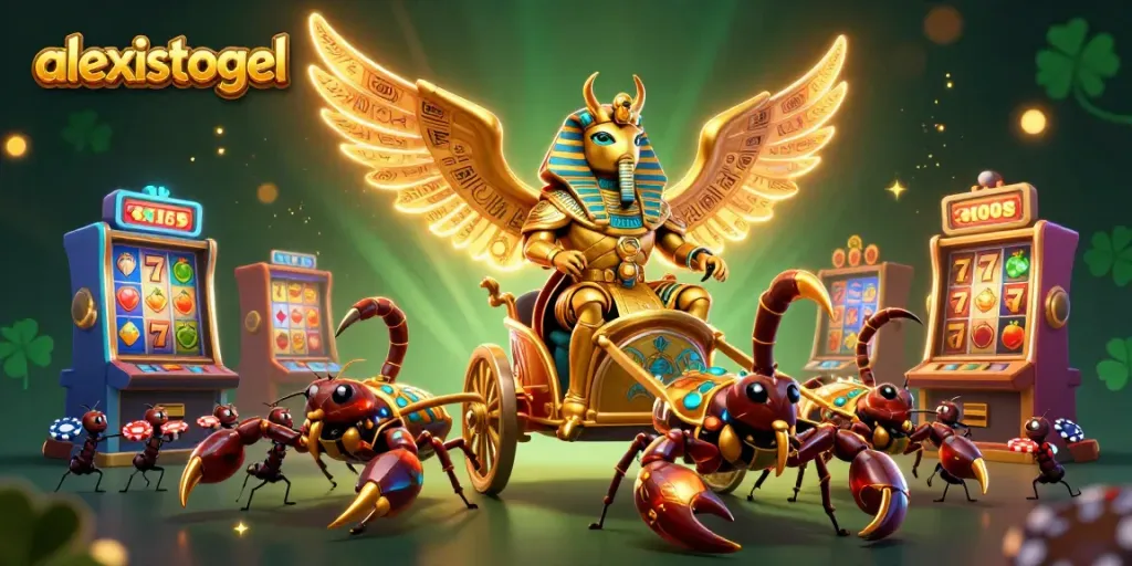Ilustrasi 3D bertema kasino menampilkan alexistogel dalam suasana permainan slot yang menarik.