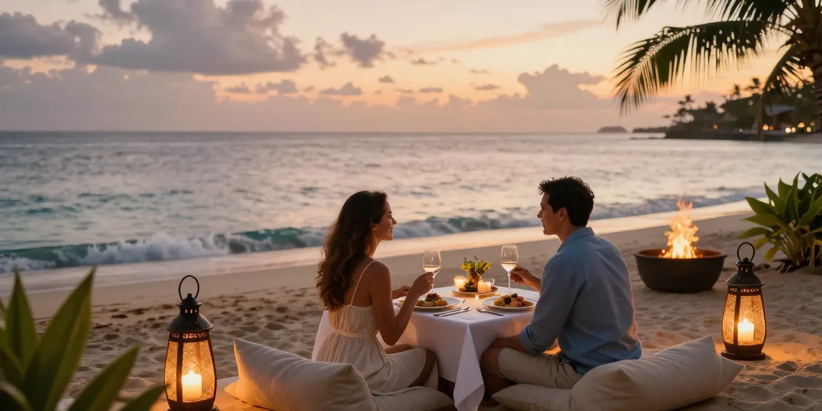 Pengalaman mewah LUXURY 777 di resor pantai saat senja dengan makan malam romantis.