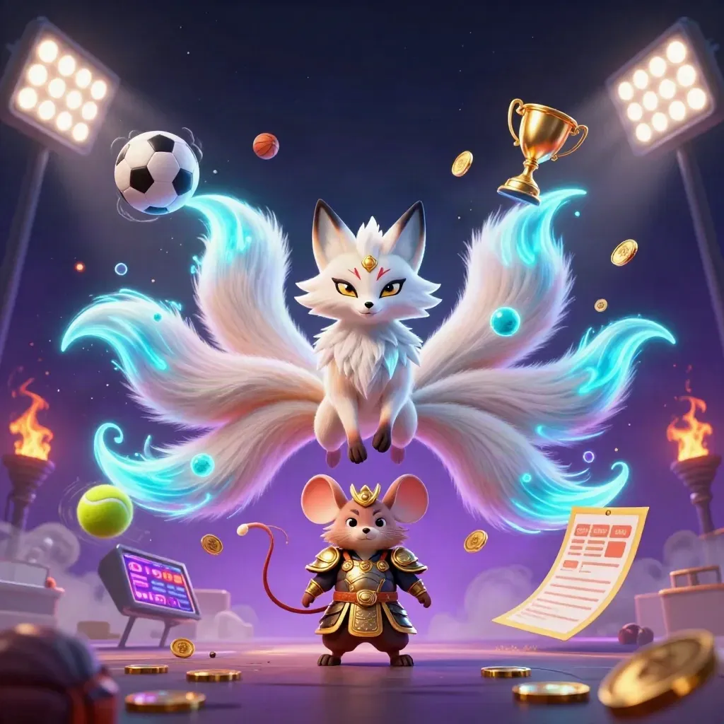 Rubah roh sembilan ekor dan tikus samurai emas dikepung bola olahraga, koin, dan cahaya neon.