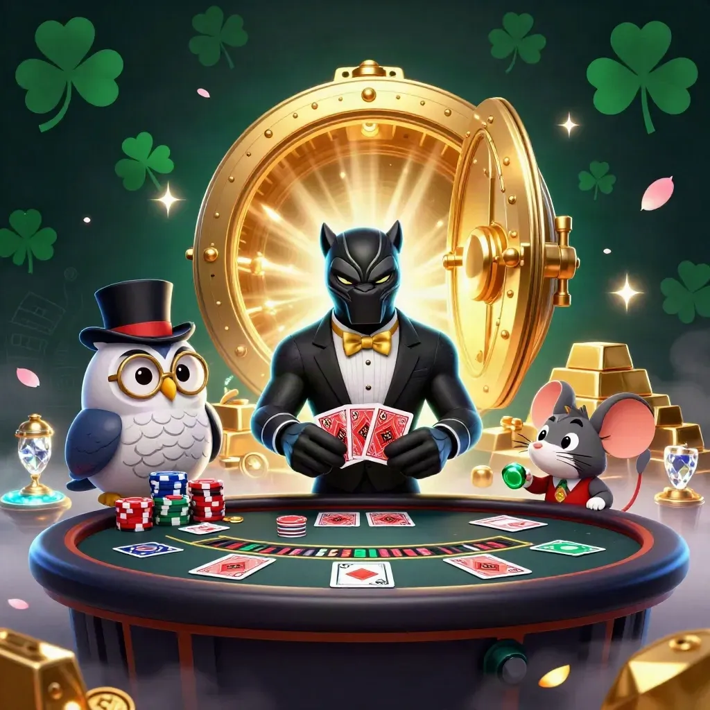 Macan kumbang, burung hantu, dan tikus di ledakan emas, roda roulette neon, suasana mewah.