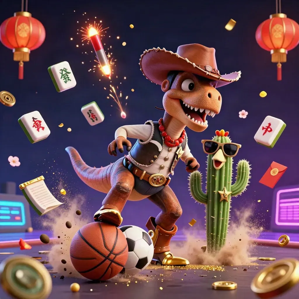 Dinosaurus koboi, kaktus berkacamata, dan roadrunner di tengah bola basket dan efek neon.