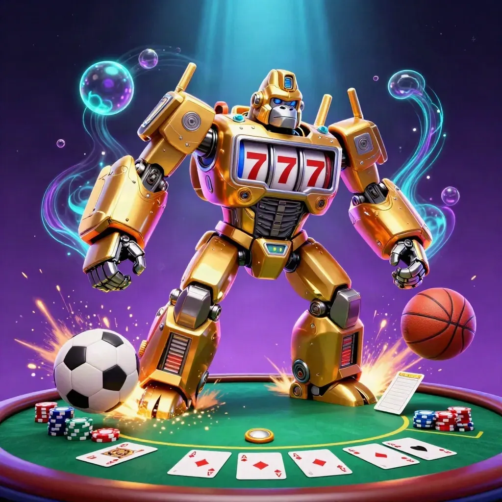 Gorila mech emas bertema kasino, bola olahraga, kartu poker, dan efek neon dramatis.