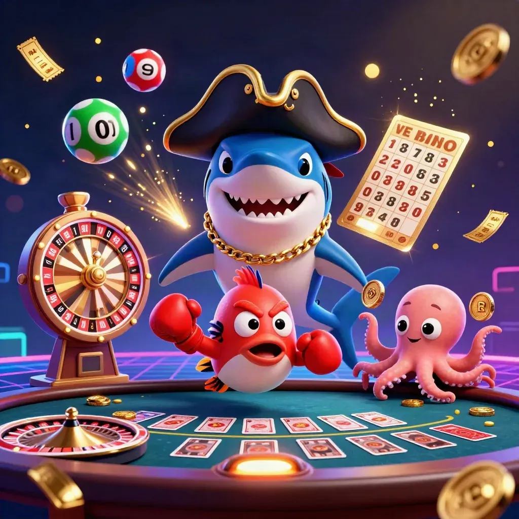 Hiu bajak laut, ikan buntal, dan bayi gurita dikelilingi bola lotre dan roda hadiah neon.