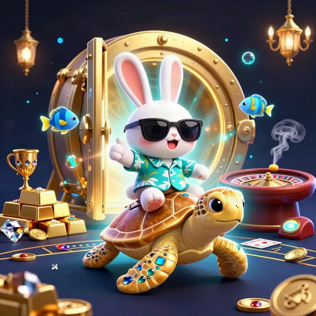 Kelinci kartun di atas kura-kura emas, harta berkilau, nuansa kasino neon biru dan emas.