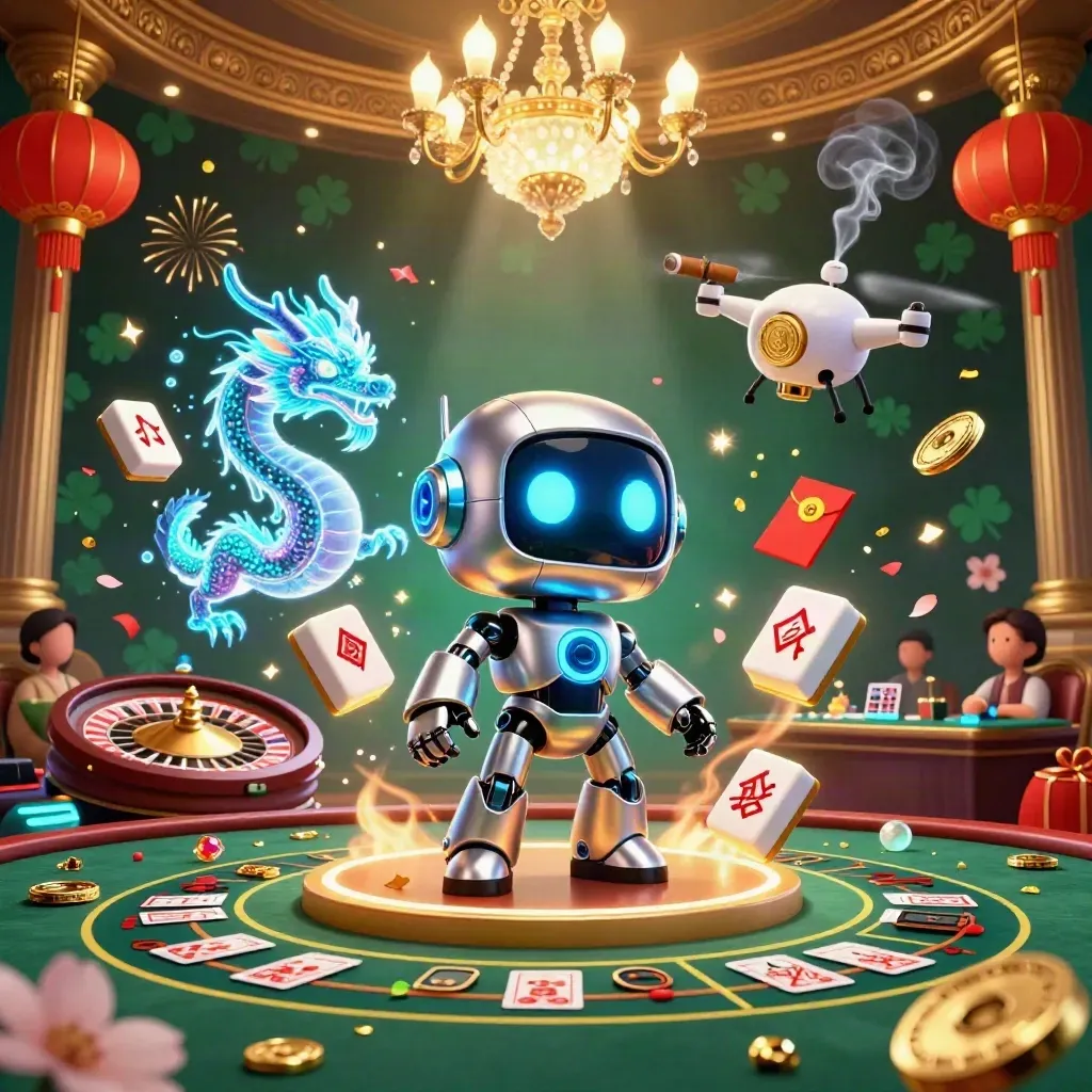 Robot cyberpunk, naga hologram, dan drone koin di ruang kasino neon mewah dengan konfeti emas.