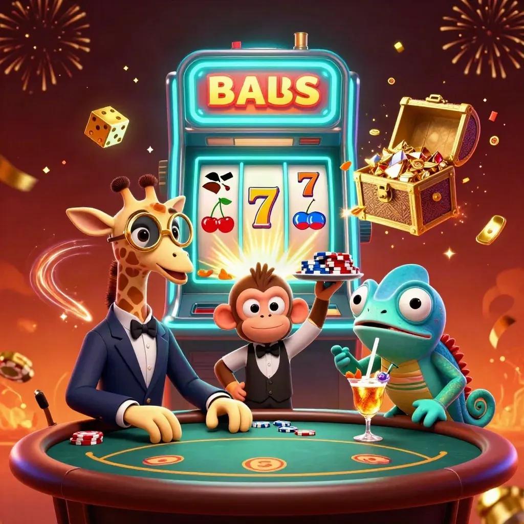 Jerapah, monyet, dan bunglon kartun di meja poker, dengan mesin slot, koin, dan permata meledak.
