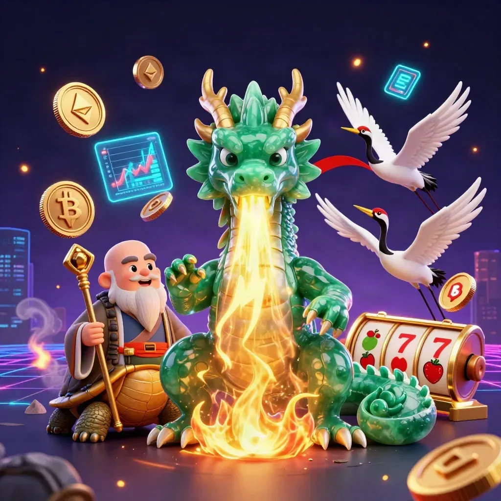 Naga giok, kura bijak, dan bangau di latar neon dengan koin kripto dan api emas.