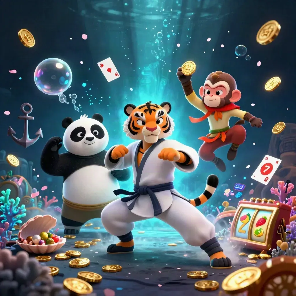 Tiger kung-fu, panda, dan monyet berebut harta karun bawah laut dengan kilau neon cyan.
