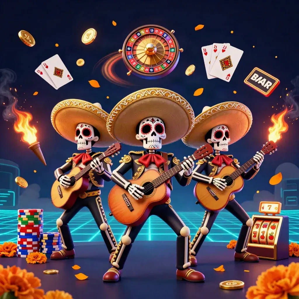 Tiga kerangka mariachi menari di tengah koin, permata, dan roda kasino neon cyan.