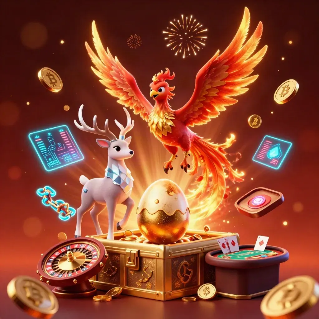 Phoenix, rusa kristal, dan bayi phoenix di tengah koin emas, kilat neon, dan cahaya kasino