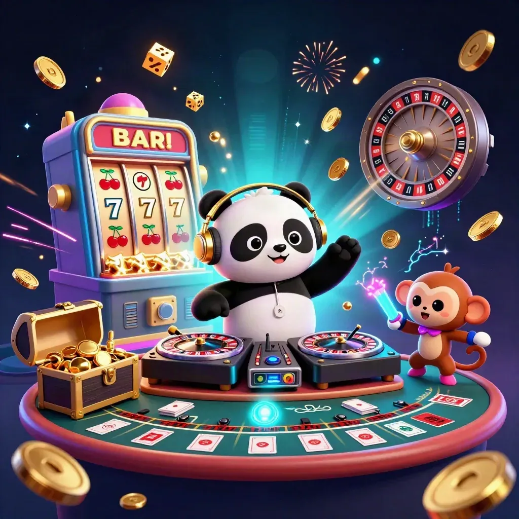 Panda DJ, monyet breakdance, dan kucing rave di kasino neon dengan jackpot emas.