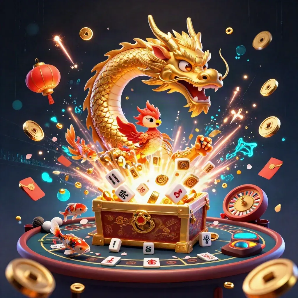 Naga emas, phoenix merah, koi, koin emas, dan ledakan bonus neon biru emas.