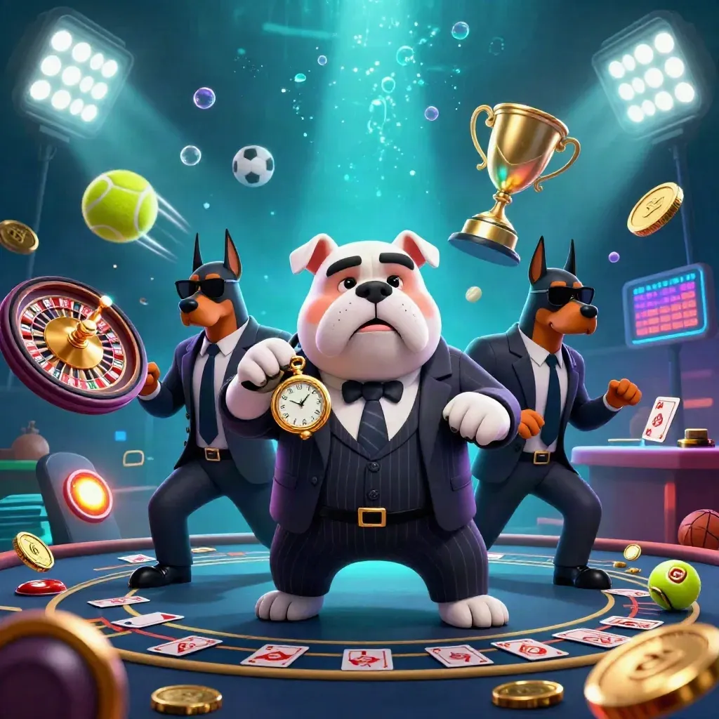 Bulldog mafia dan dua Doberman di tengah ledakan koin, bola, trofi, dan cahaya neon bawah air.