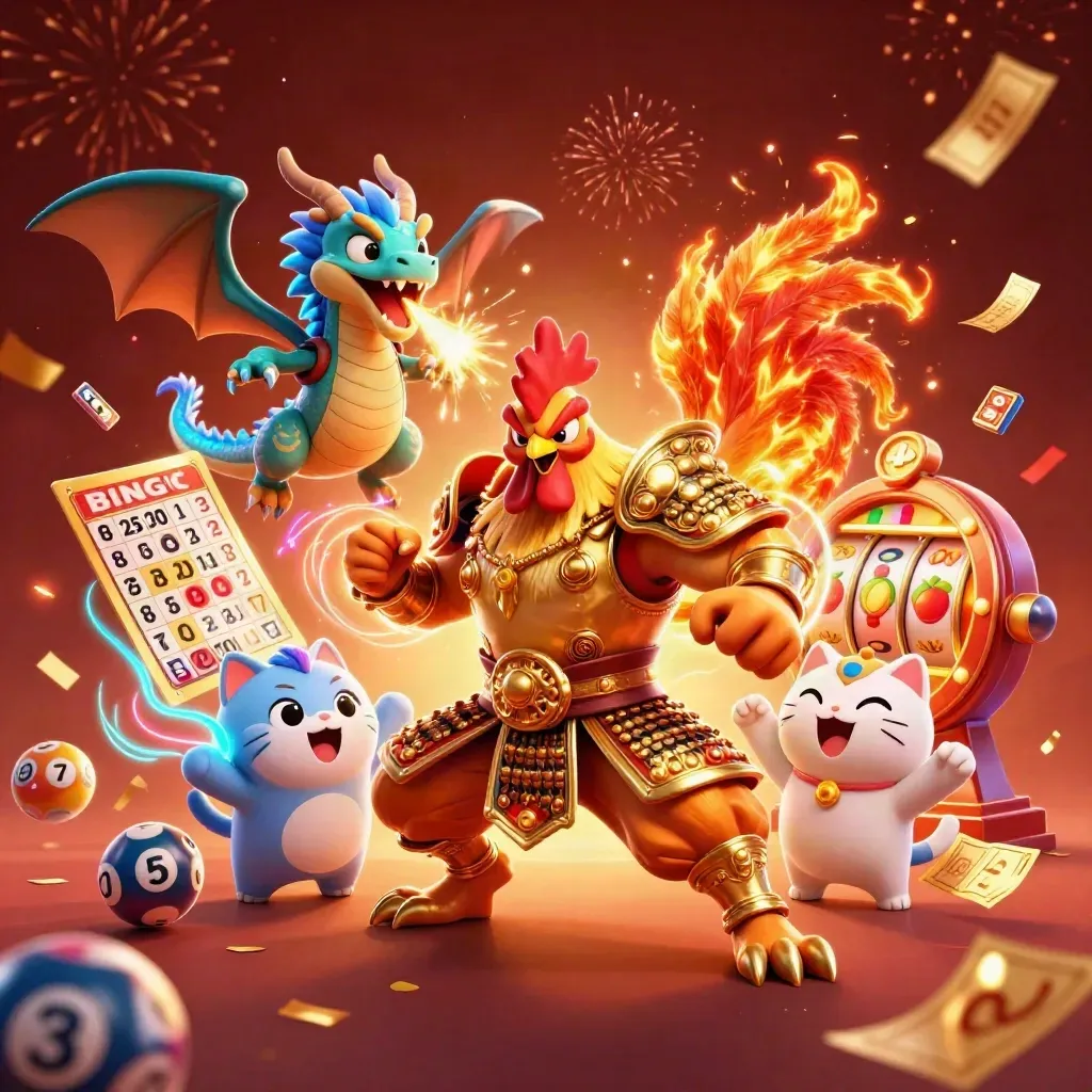 Ayam samurai, naga bayi, dan kucing keberuntungan dikelilingi bola lotre, kilau emas, dan neon.