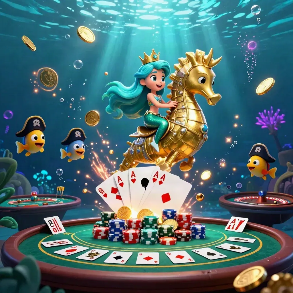 Putri duyung bermahkota menunggang kuda laut emas di lautan neon dengan koin dan chip kasino.
