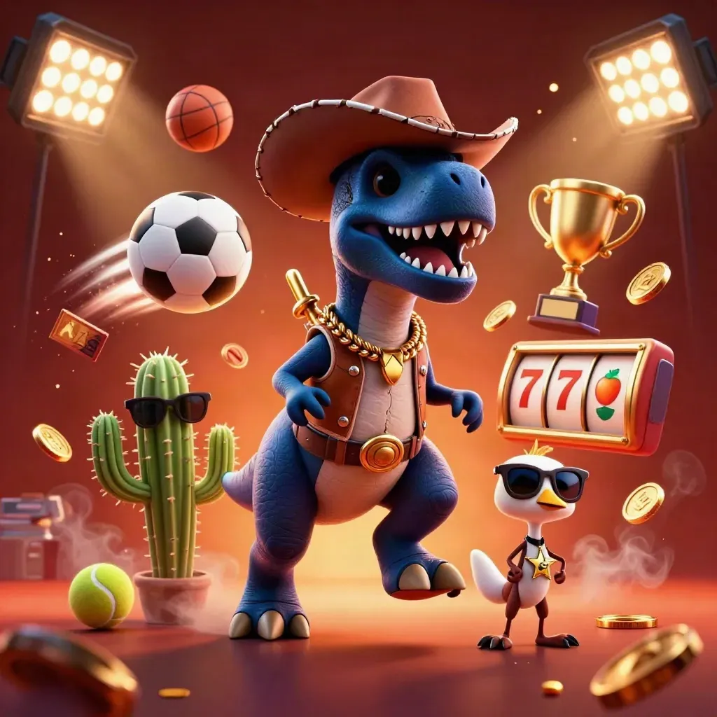 T-Rex koboi, kaktus, dan roadrunner neon dikelilingi bola, koin, dan efek slot.