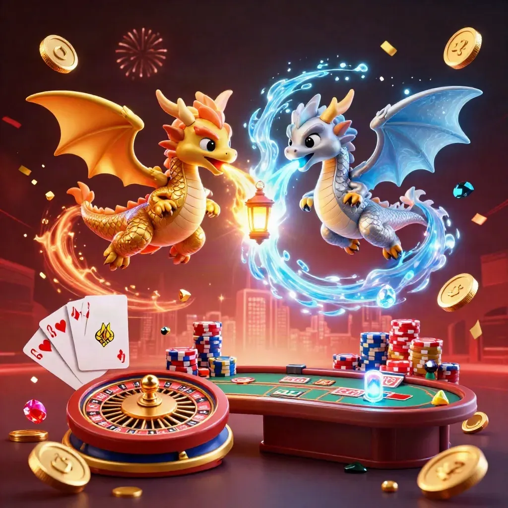 Dua naga emas-perak terbang, dikelilingi koin, chip, kartu, dan cahaya neon kasino.