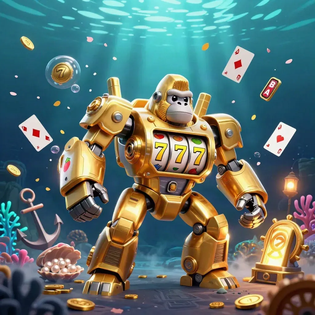 Gorila mech emas di bawah laut dengan monyet pilot, simbol slot, koin, dan sinar neon