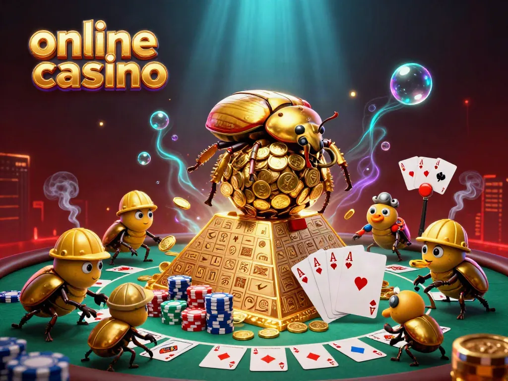 Experience the excitement of an online casino with golden beetles and poker elements!