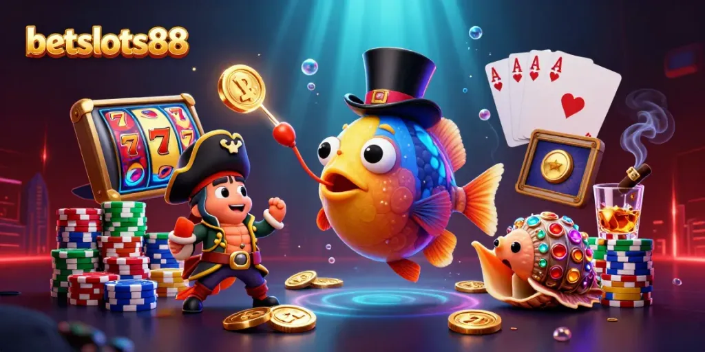 Menangkan slot dengan betslots88, ikan pemancing dan karakter laut menampilkan suasana kasino yang seru