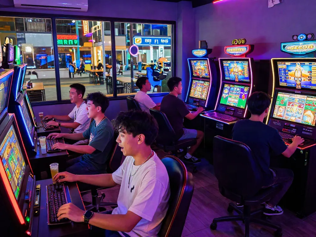Diverse players enjoying slot gacor machines in a vibrant gaming lounge, showcasing excitement and competitive spirit.