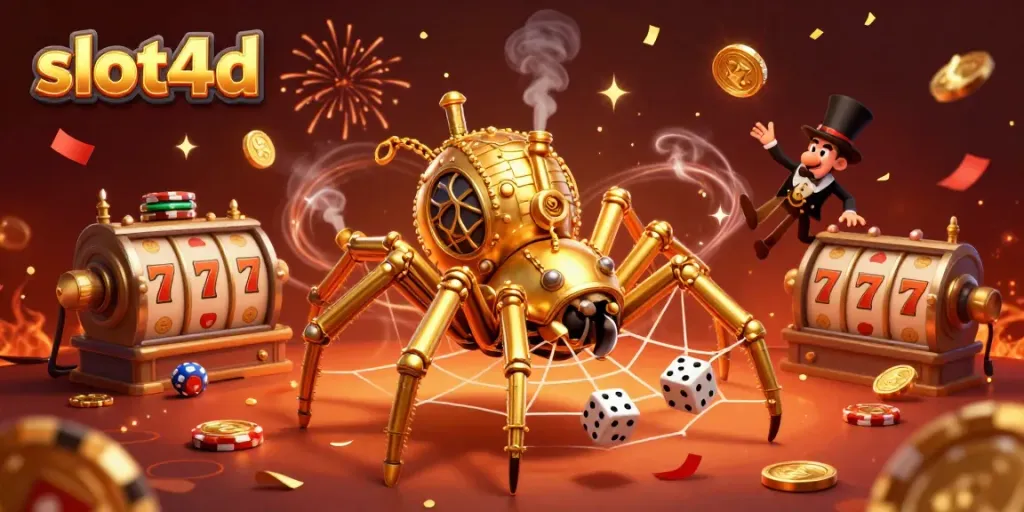 Experience the excitement of slot4d with a captivating golden spider web and vibrant game elements.