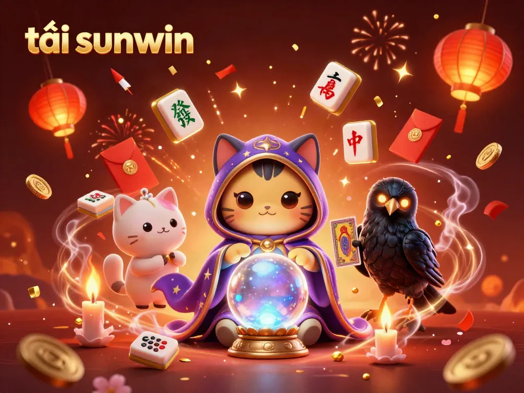 Win big with tải sunwin, a vibrant 3D illustration showcasing a mystic cat and a raven amid gaming symbols.