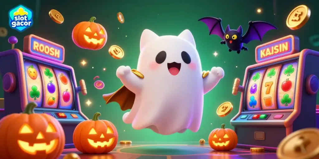 Permainan slot gacor yang mengasyikkan dengan karakter kucing hantu dan kelelawar di kasino berwarna-warni.