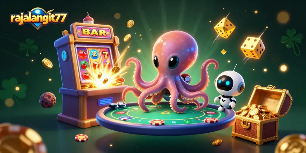 Engage with rajalangit77 at an exciting 3D alien casino scene filled with lively games.