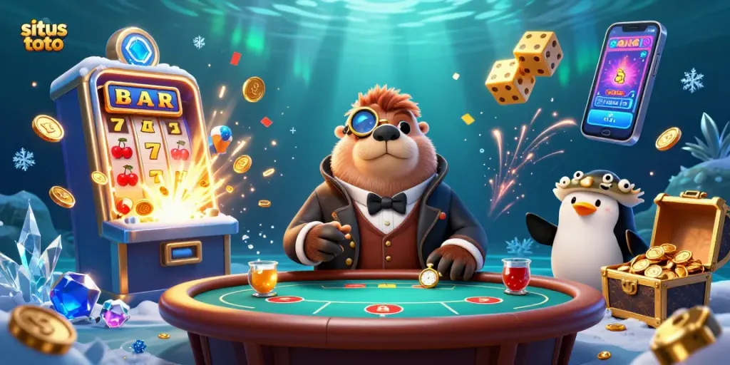 Situs toto betting scene with a walrus, dealer penguin, and bluffing pufferfish at a poker table.