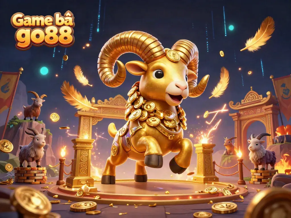 Experience the excitement of Game bài go88 with this vibrant 3D illustration of a golden ram charging through a casino arena.