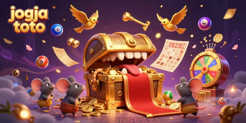 Experience excitement with jogja toto as colorful lottery elements and treasure chests create a dynamic casino scene.