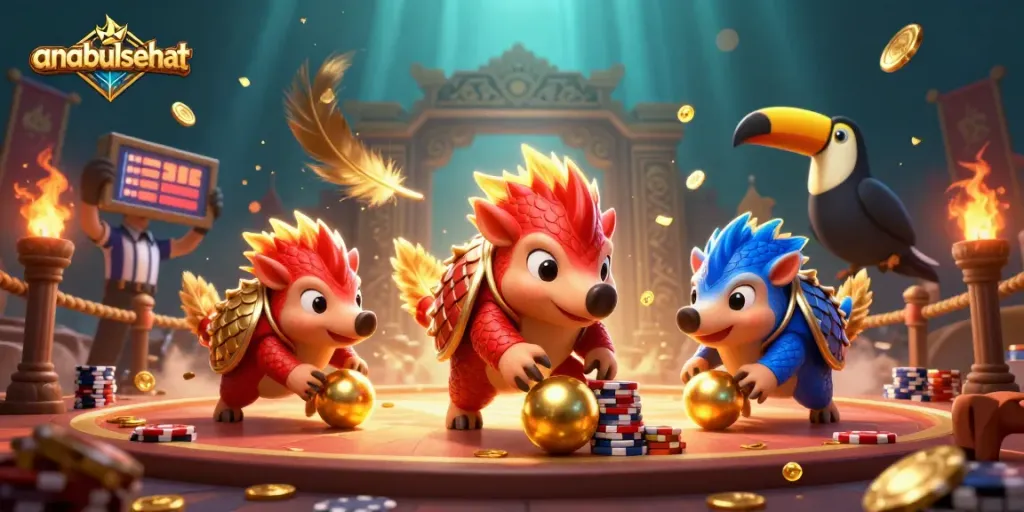 Permainan anabulsehat yang seru dengan pangolins beraksi di arena judi, menggelindingkan bola dan mengumpulkan chip.