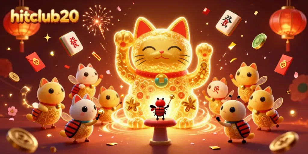 Experience excitement with hitclub20's vibrant casino symbols embodied in a lucky cat 3D illustration.