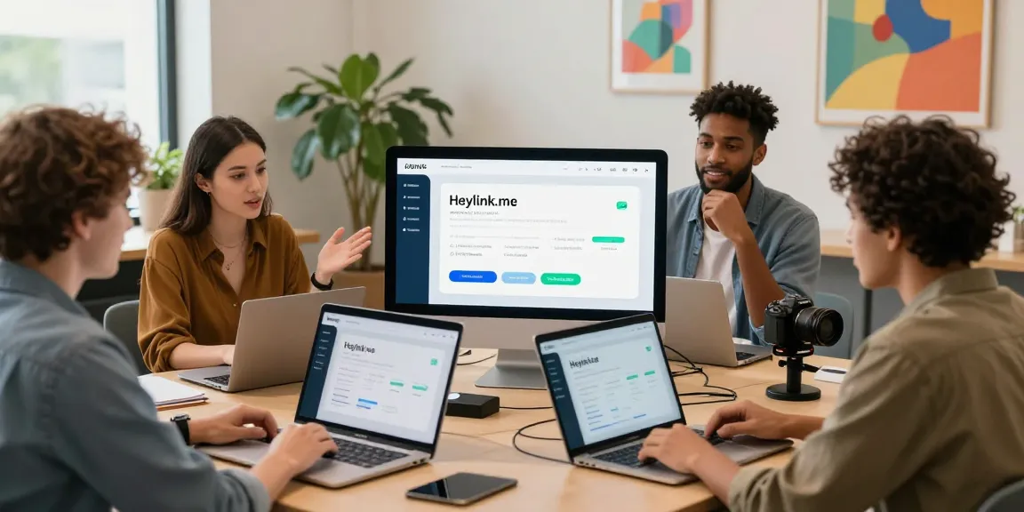 Tampilan orang-orang membuat GEGESLOT Heylink.me dengan kolaborasi penuh semangat di coworking space.