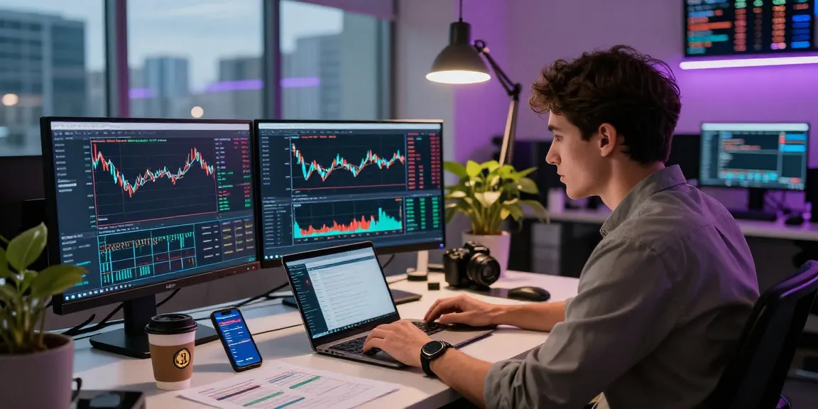 Trader analyzing market trends using hyperliquid referral code is (8000USDT) in a vibrant office setup.