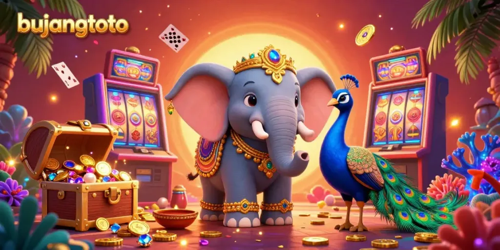 Experience the vibrant excitement of bujangtoto with a Diwali-themed casino illustration showcasing rich gameplay elements like slot reels and jewels.